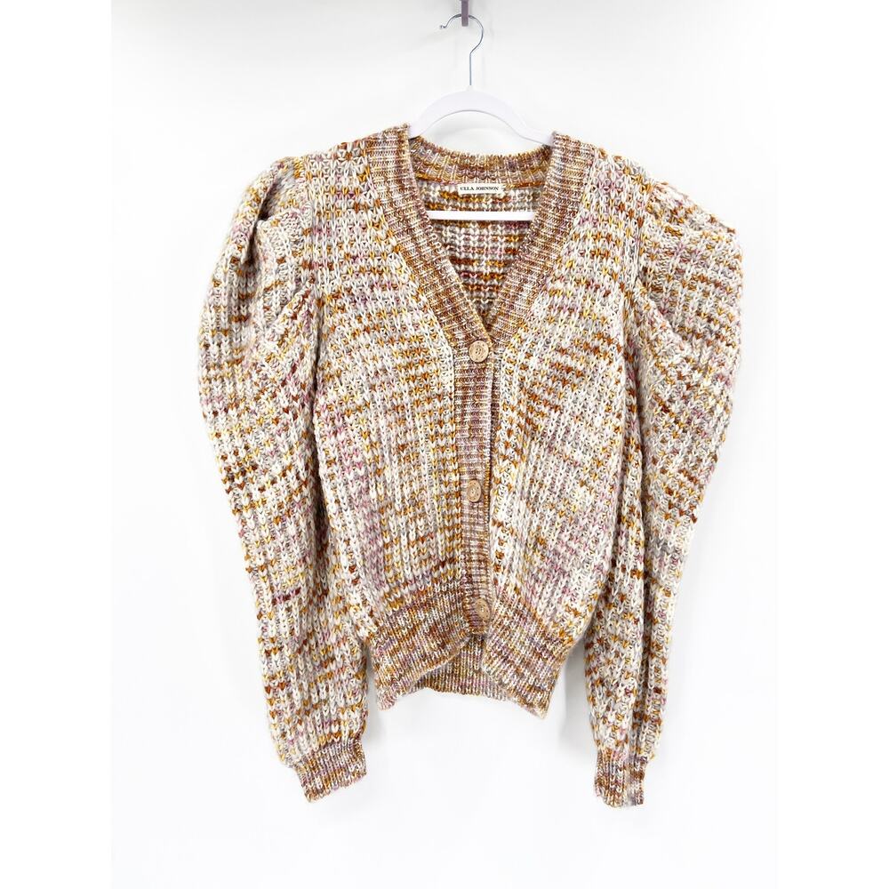 Ulla Johnson Fiora Merino Wool Button Front Puff Sleeve Fawn Cardigan Sweater - Picture 2 of 7